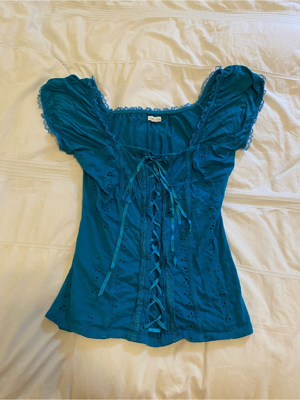 Y2K Women's Teal Lace-Up Peasant Top - Teal